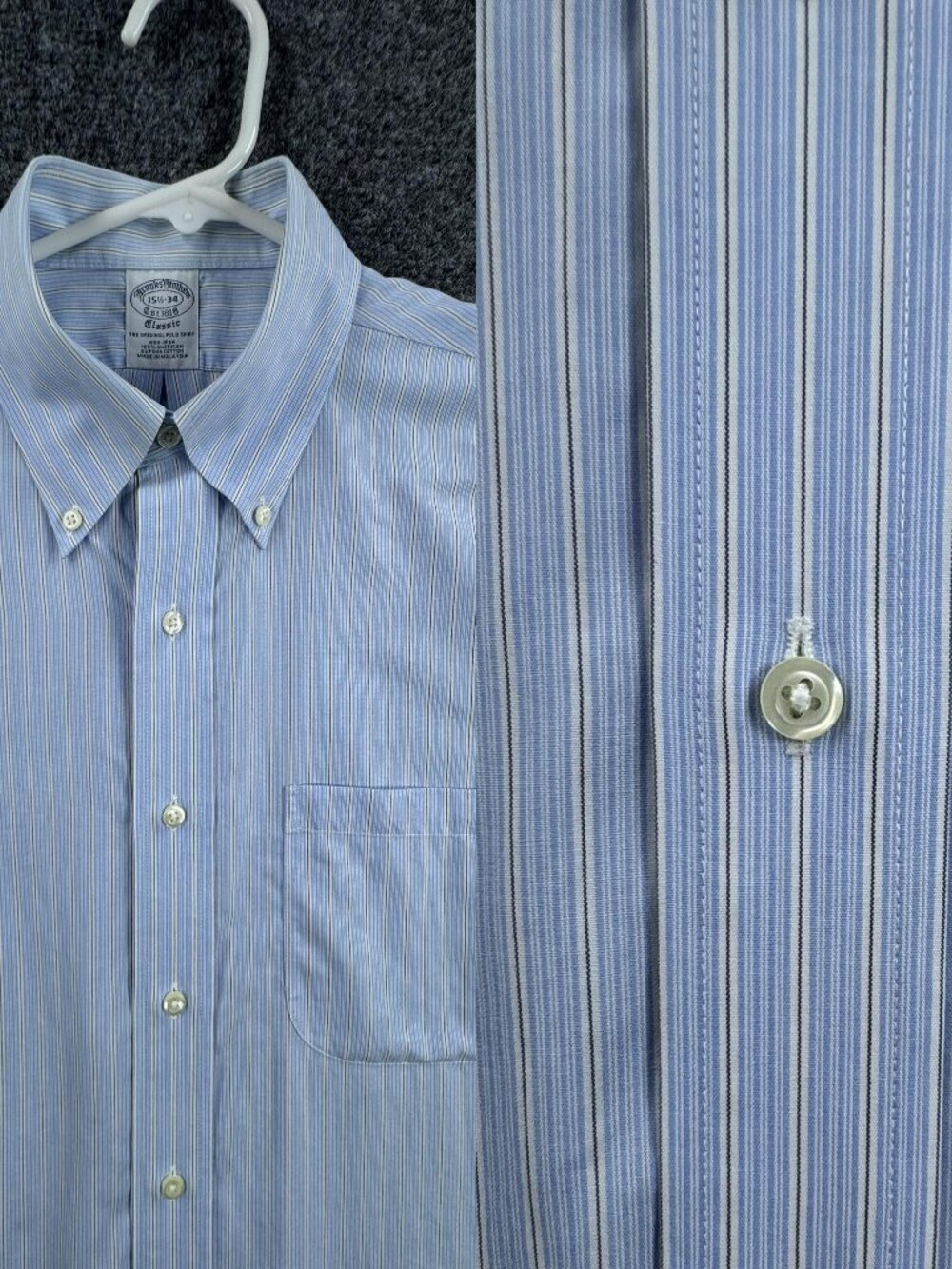 Brooks Brothers Men Striped Button-Down Non-Iron Blue White 15.5 34 Classic